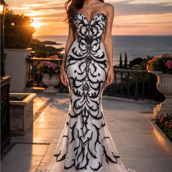 Aidan Mattox Strapless White Dress with Black Embellished Lace Detail - Picture 3 of 11